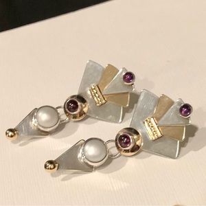 Sterling Silver and 14Kt gold earrings w/pearls & rubelites.Vintage Inspired NWT